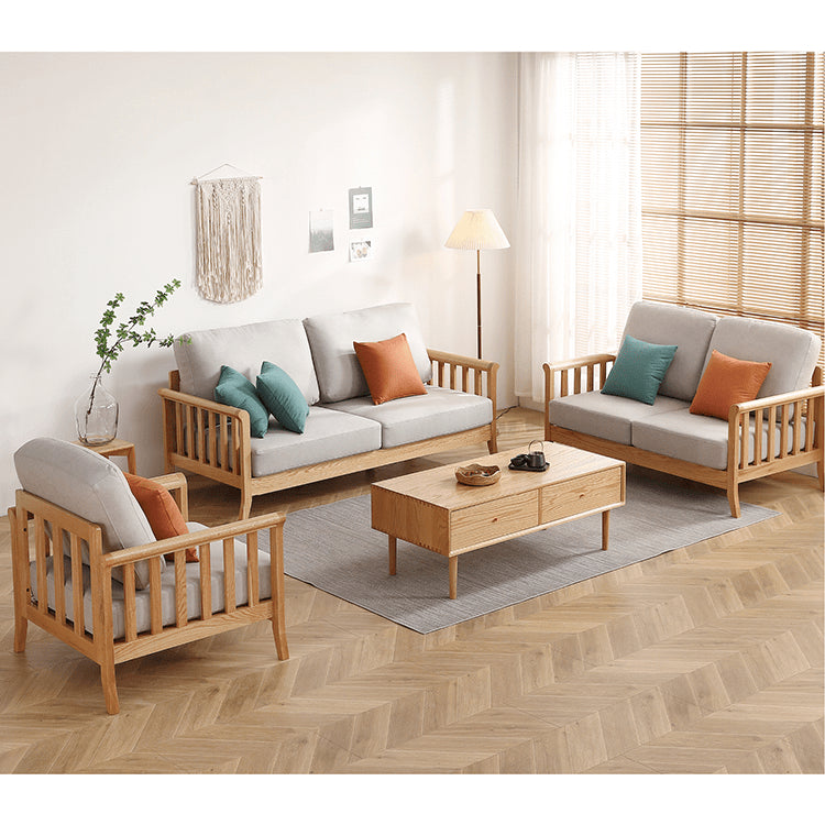 Modern Light Grey Sofa with Natural Oak Wood Frame - Leathaire & Foam Comfort hmzj-803