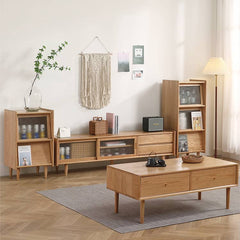 Stylish Oak Wood TV Cabinet with Glass Doors - Natural Finish hmzj-808