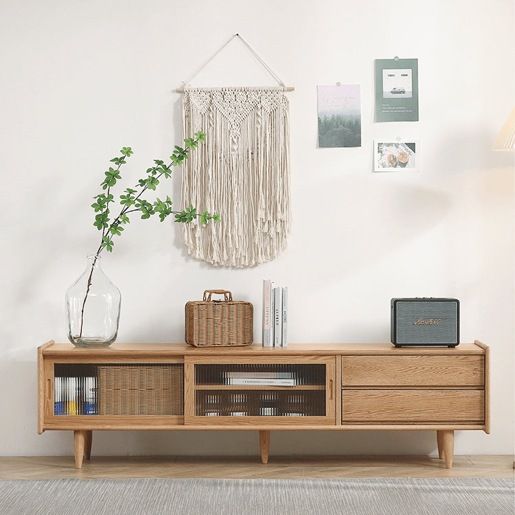 Stylish Oak Wood TV Cabinet with Glass Doors - Natural Finish hmzj-808