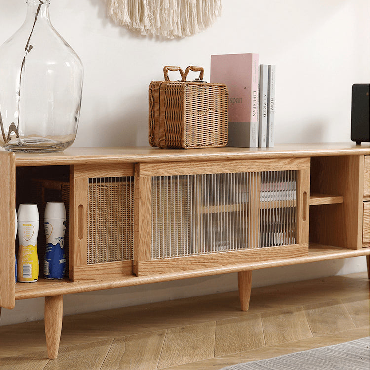 Stylish Oak Wood TV Cabinet with Glass Doors - Natural Finish hmzj-808