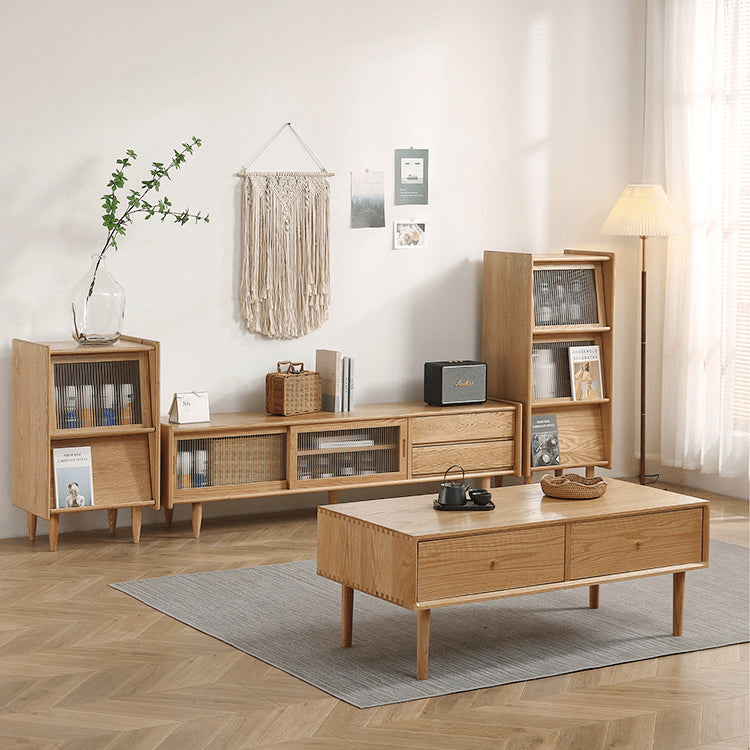 Stylish Oak Wood TV Cabinet with Glass Doors - Natural Finish hmzj-808