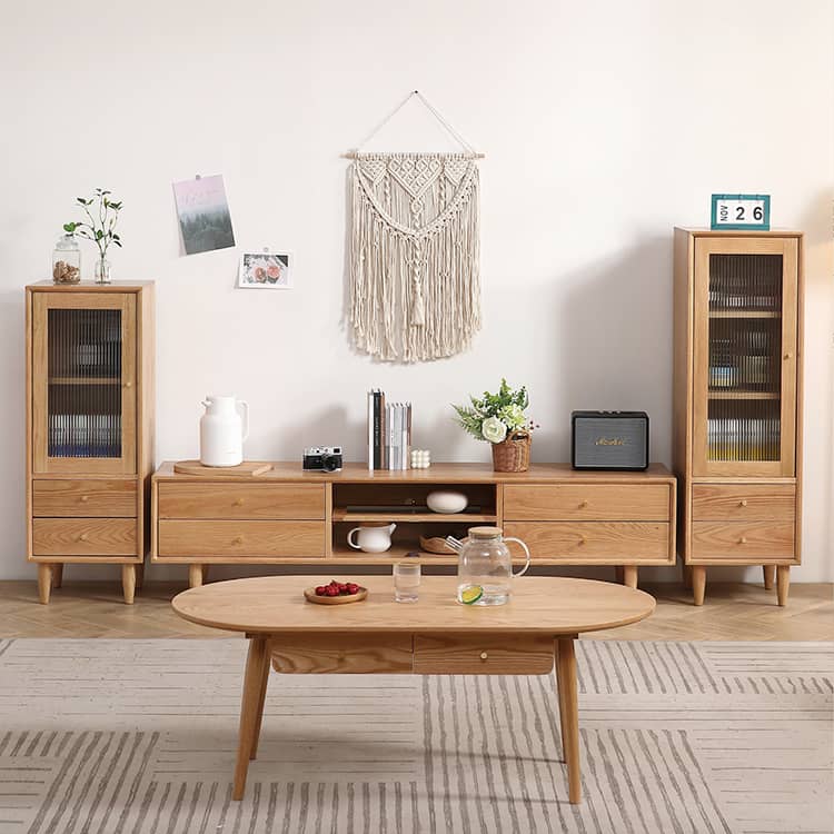 Stylish Oak TV Cabinet with Glass and Copper Accents - Modern Natural Wood Design hmzj-812