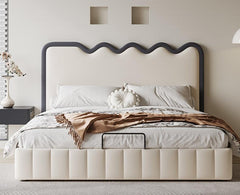 Luxurious Cal King Beige Bed with Upholstery Headboard & Storage - Durable & Functional Design for Bedroom hmzsh-1544