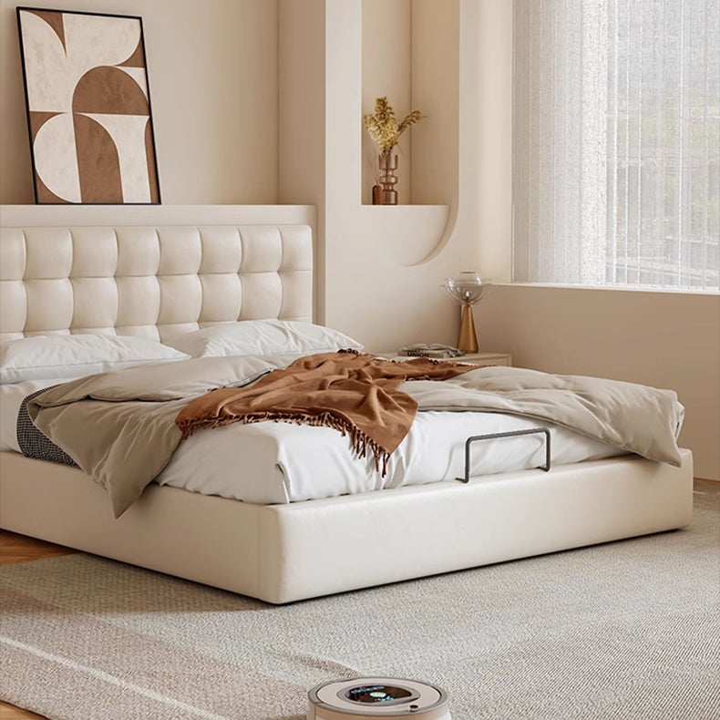 Luxurious Cal King Leather Bed in Beige with Storage with Wood Frame &Upholstery Headboard for Bedroom Functional Decor hmzsh-1546