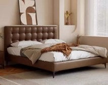 Luxurious Cal King Leather Bed in Beige with Storage with Wood Frame &Upholstery Headboard for Bedroom Functional Decor hmzsh-1546