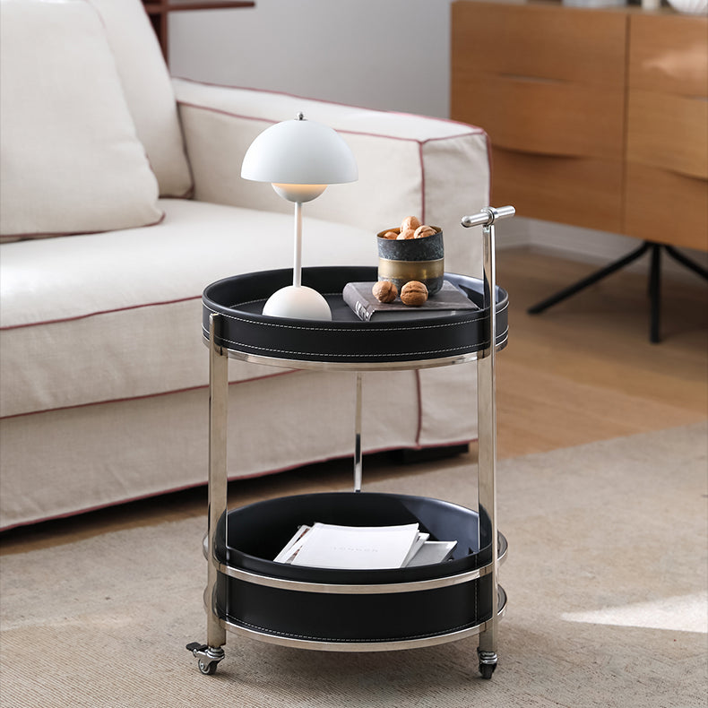 Modern Black Synthetic Leather & Stainless Steel Side Table - Stylish Round Design with Handles and Wheels hqlw-4044