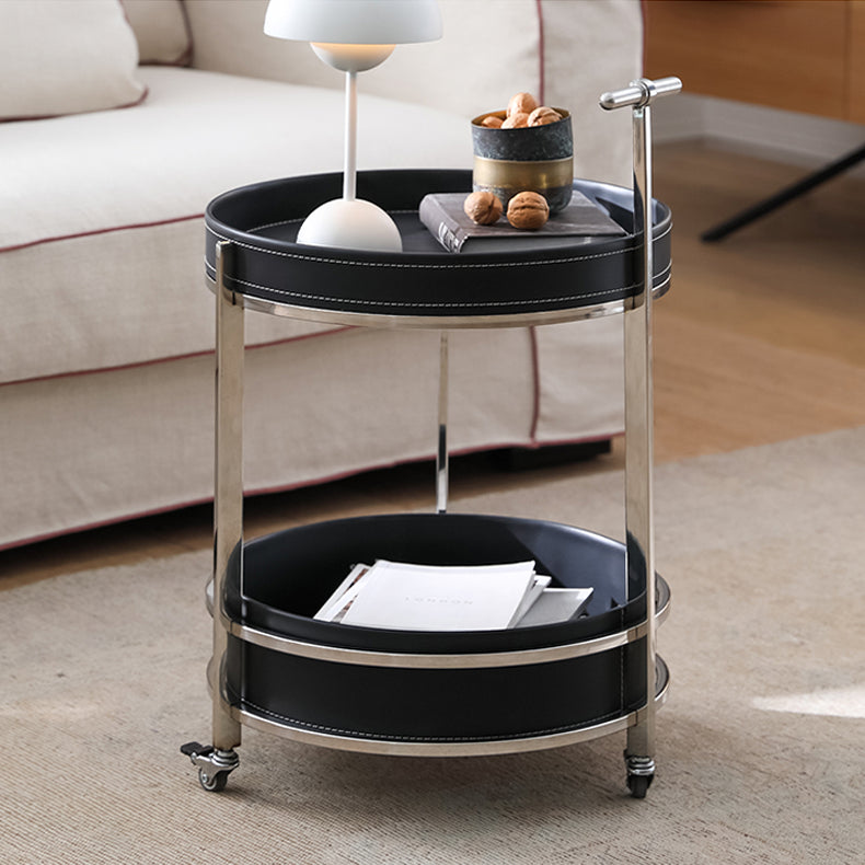 Modern Black Synthetic Leather & Stainless Steel Side Table - Stylish Round Design with Handles and Wheels hqlw-4044