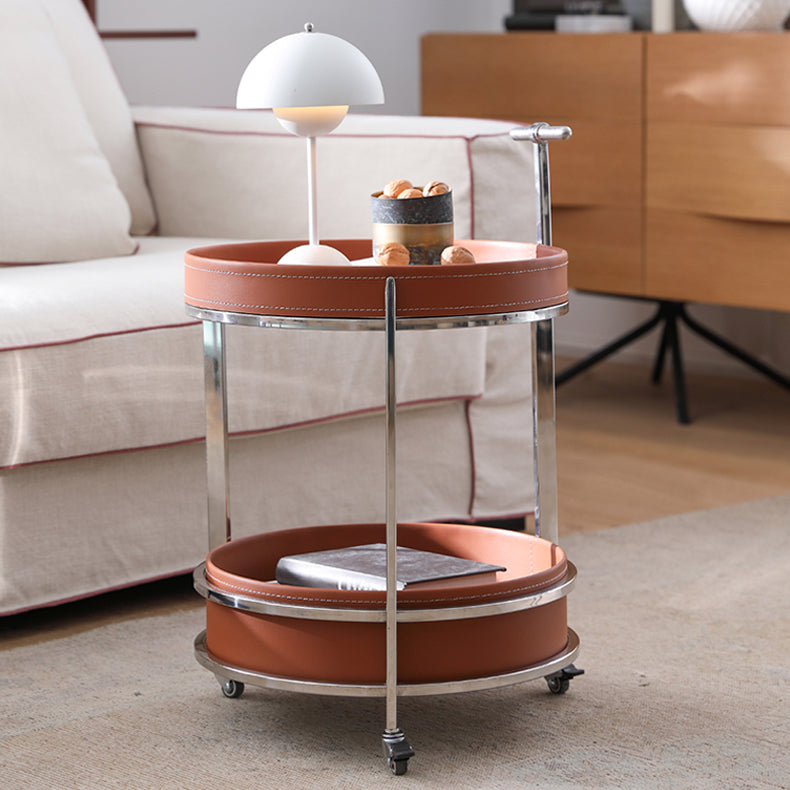 Modern Black Synthetic Leather & Stainless Steel Side Table - Stylish Round Design with Handles and Wheels hqlw-4044