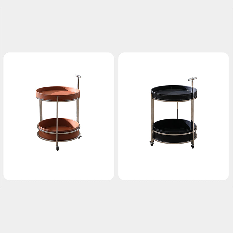 Modern Black Synthetic Leather & Stainless Steel Side Table - Stylish Round Design with Handles and Wheels hqlw-4044