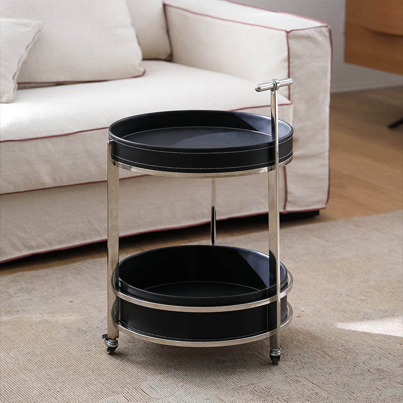 Modern Black Synthetic Leather & Stainless Steel Side Table - Stylish Round Design with Handles and Wheels hqlw-4044