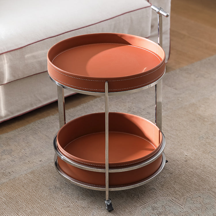 Modern Black Synthetic Leather & Stainless Steel Side Table - Stylish Round Design with Handles and Wheels hqlw-4044