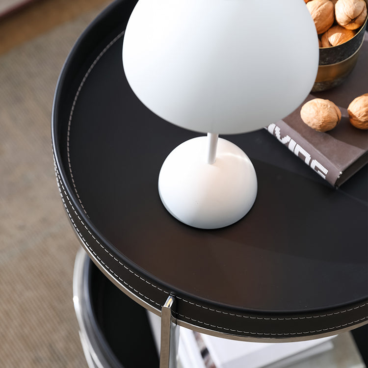 Modern Black Synthetic Leather & Stainless Steel Side Table - Stylish Round Design with Handles and Wheels hqlw-4044