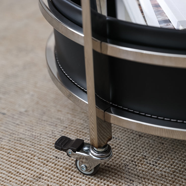 Modern Black Synthetic Leather & Stainless Steel Side Table - Stylish Round Design with Handles and Wheels hqlw-4044