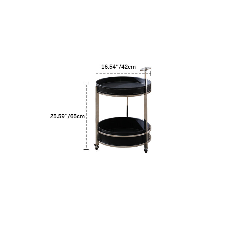 Modern Black Synthetic Leather & Stainless Steel Side Table - Stylish Round Design with Handles and Wheels hqlw-4044