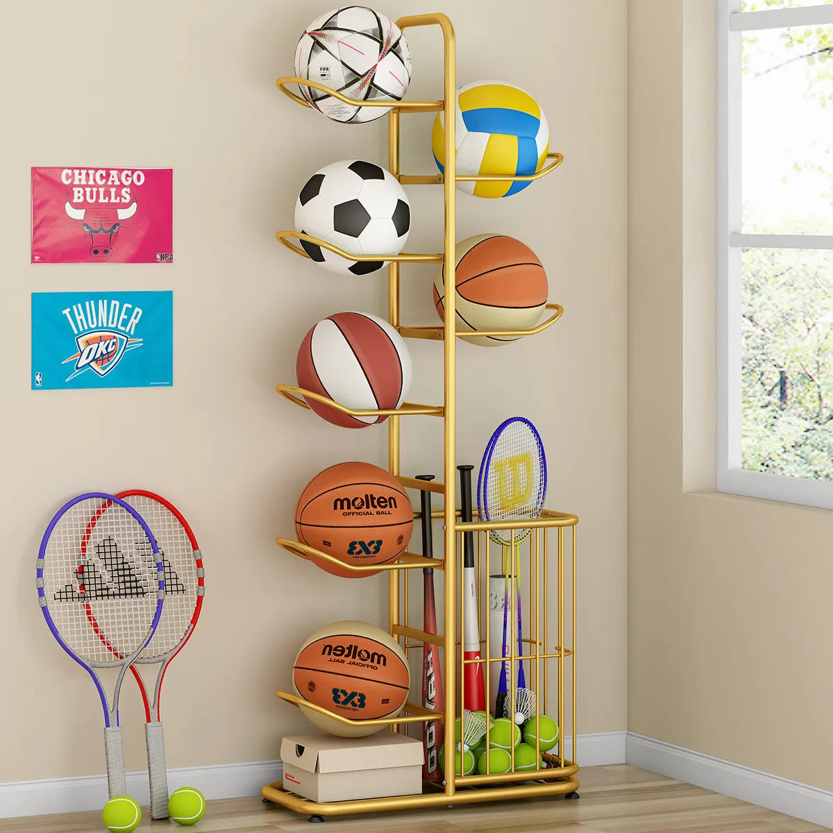 Multi-Tier Sports Storage Rack for Ball & Equipment Organization - hsen-2027