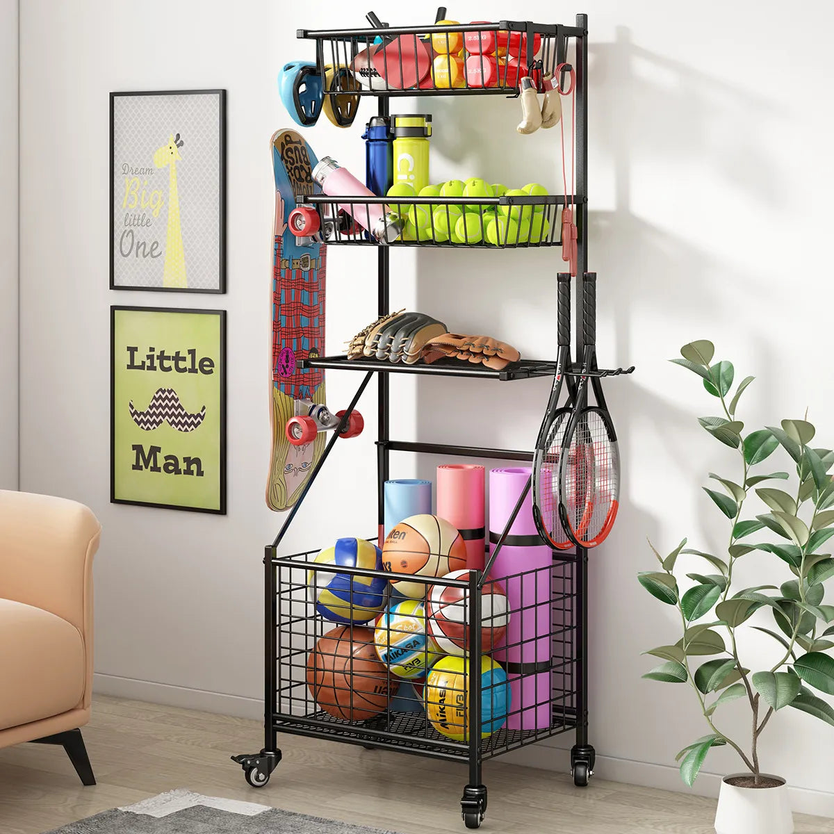 Adjustable Sports Equipment Rack with Wheels for Home and Garage Organization hsen-2033