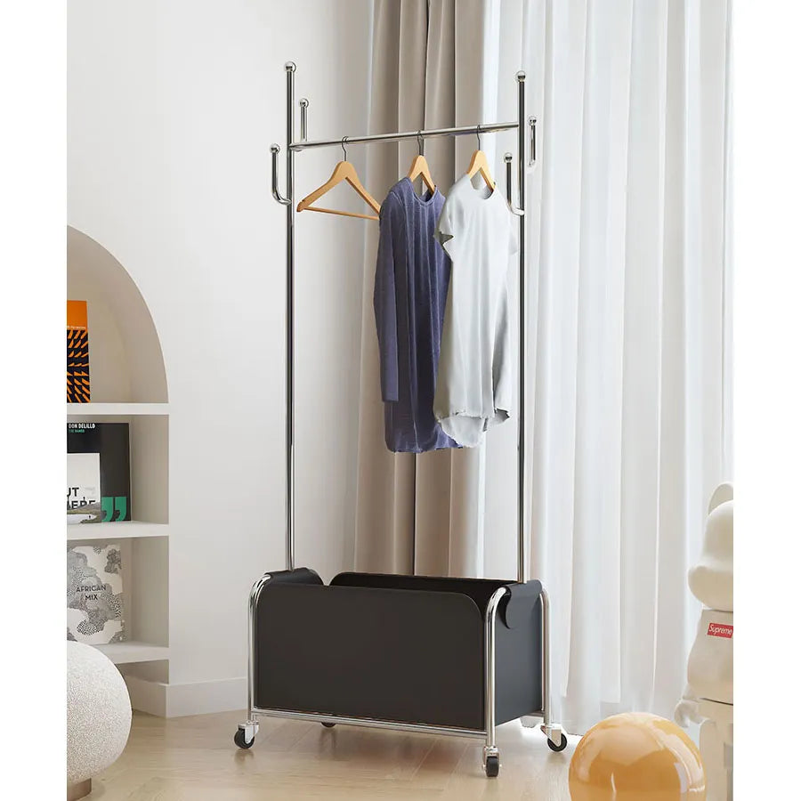 Stylish Faux Leather Coat Hanger with Wheels and Storage - Modern Clothing Rack for Easy Organization hsj-2274