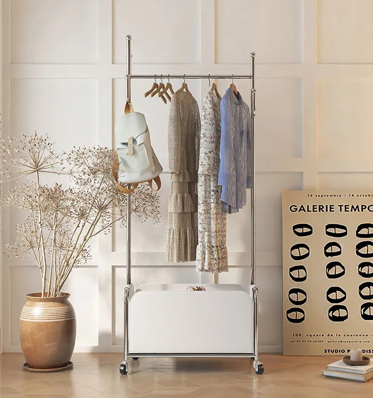 Stylish Faux Leather Coat Hanger with Wheels and Storage - Modern Clothing Rack for Easy Organization hsj-2274