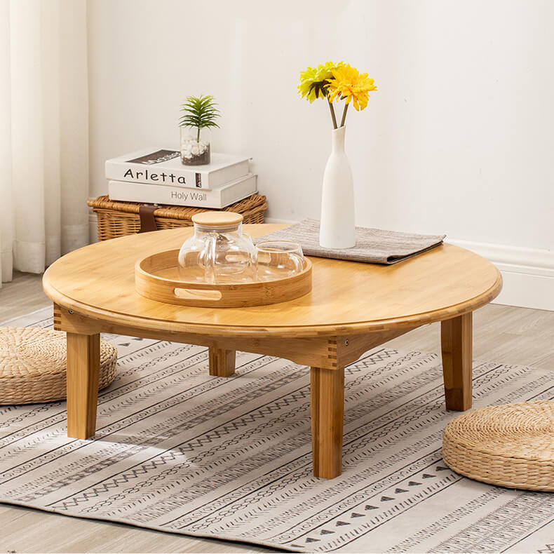 Round Bamboo Coffee Table with Foldable Legs in Natural Wood Color - Minimalistic Design for LIvingroom hsl-128