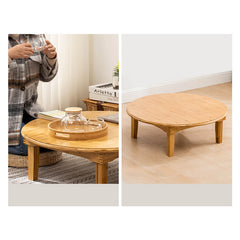 Round Bamboo Coffee Table with Foldable Legs in Natural Wood Color - Minimalistic Design for LIvingroom hsl-128