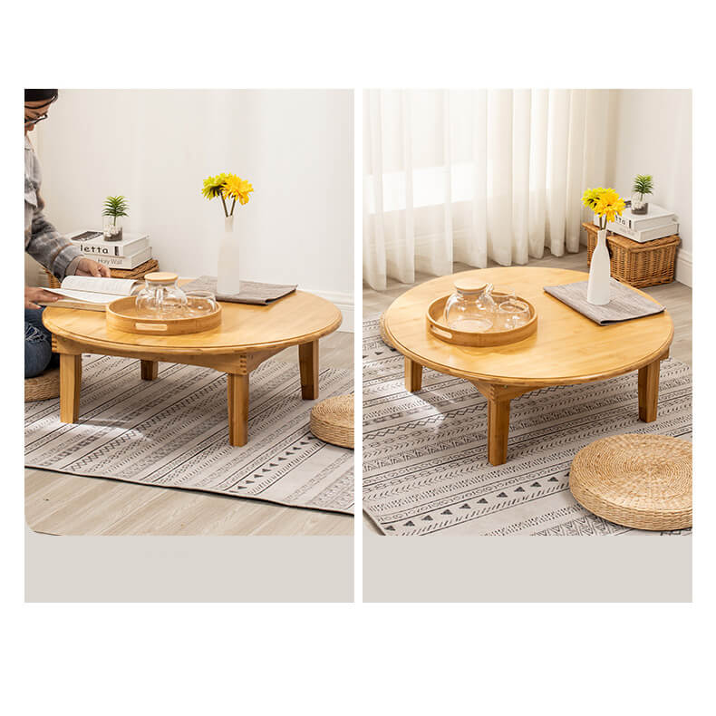 Round Bamboo Coffee Table with Foldable Legs in Natural Wood Color - Minimalistic Design for LIvingroom hsl-128