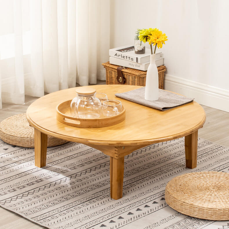 Round Bamboo Coffee Table with Foldable Legs in Natural Wood Color - Minimalistic Design for LIvingroom hsl-128