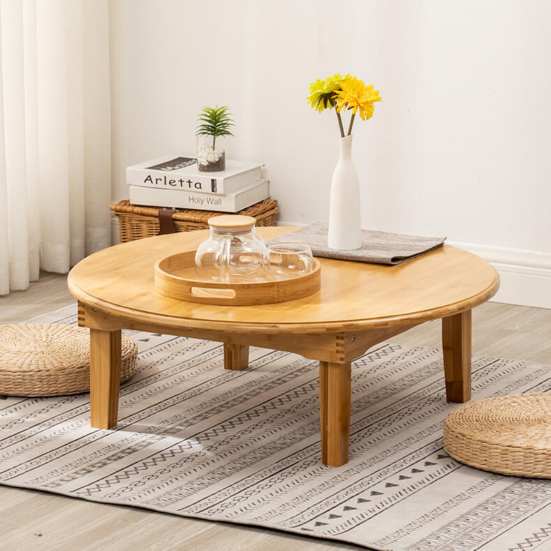 Round Bamboo Coffee Table with Foldable Legs in Natural Wood Color - Minimalistic Design for LIvingroom hsl-128