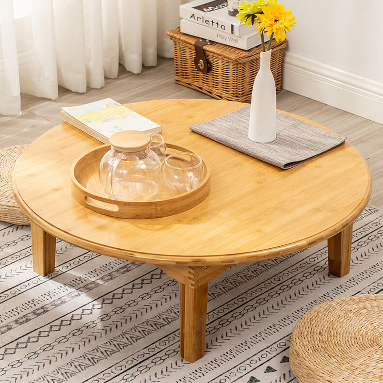 Round Bamboo Coffee Table with Foldable Legs in Natural Wood Color - Minimalistic Design for LIvingroom hsl-128