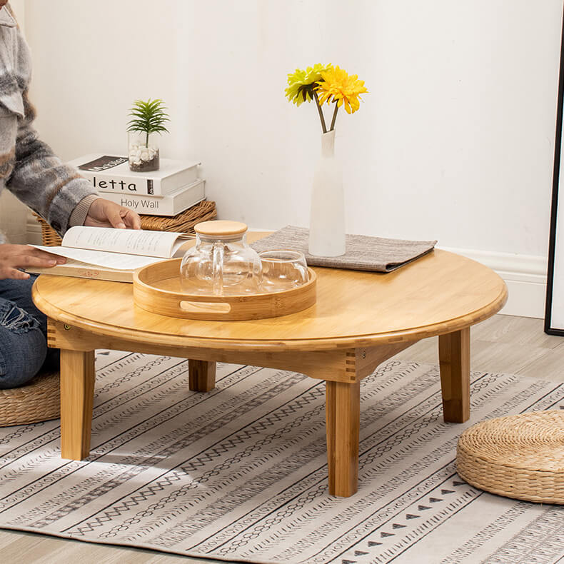 Round Bamboo Coffee Table with Foldable Legs in Natural Wood Color - Minimalistic Design for LIvingroom hsl-128