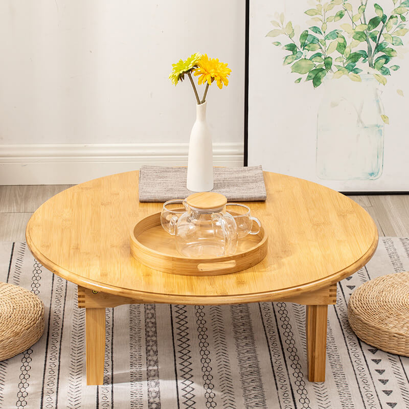 Round Bamboo Coffee Table with Foldable Legs in Natural Wood Color - Minimalistic Design for LIvingroom hsl-128