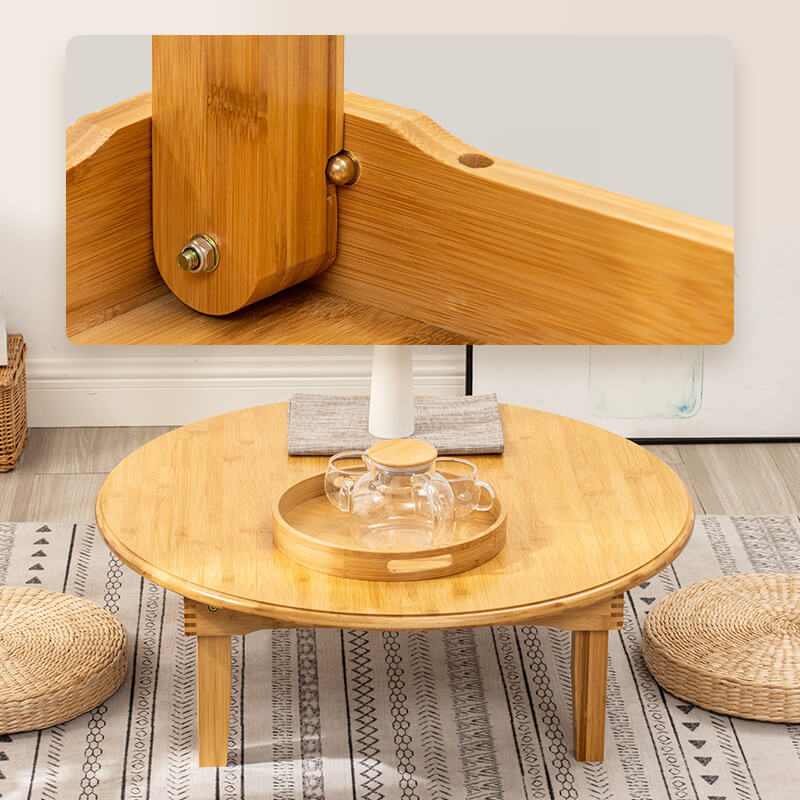 Round Bamboo Coffee Table with Foldable Legs in Natural Wood Color - Minimalistic Design for LIvingroom hsl-128