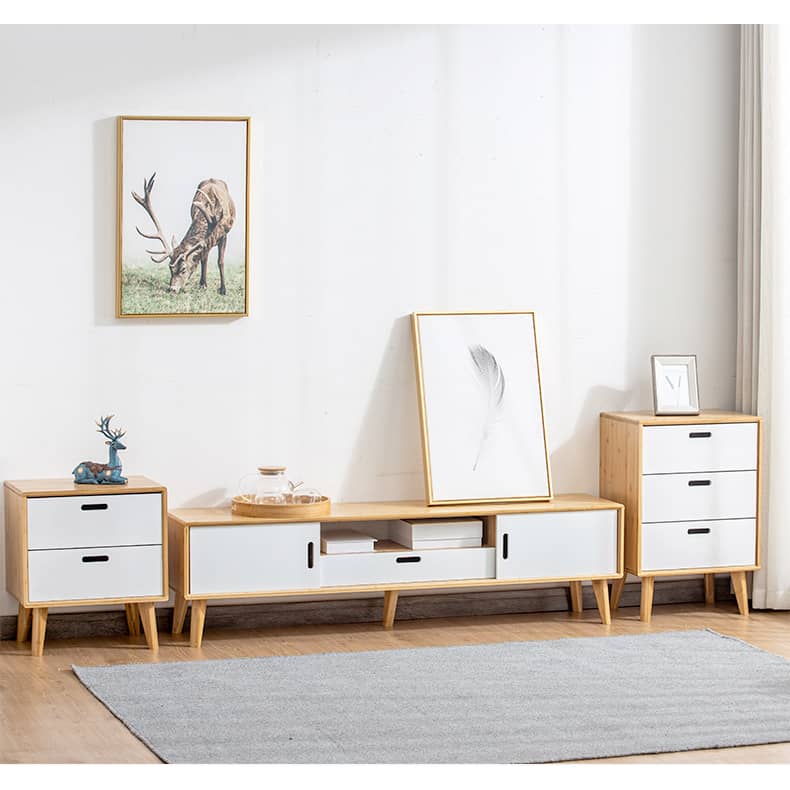 Stylish White TV Cabinet with Bamboo Accents and Natural Brown Wood Finish hsl-393