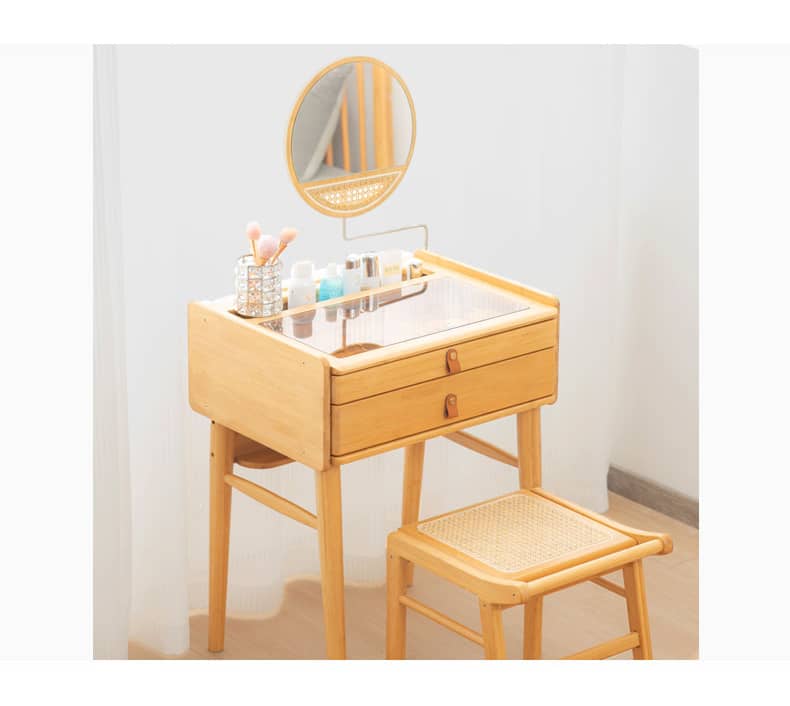 Elegant Natural Bamboo Makeup Vanity with Glass Top hsl-73