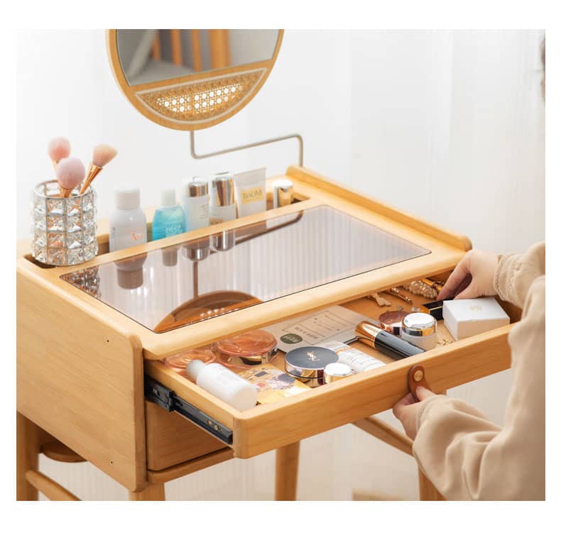 Elegant Natural Bamboo Makeup Vanity with Glass Top hsl-73