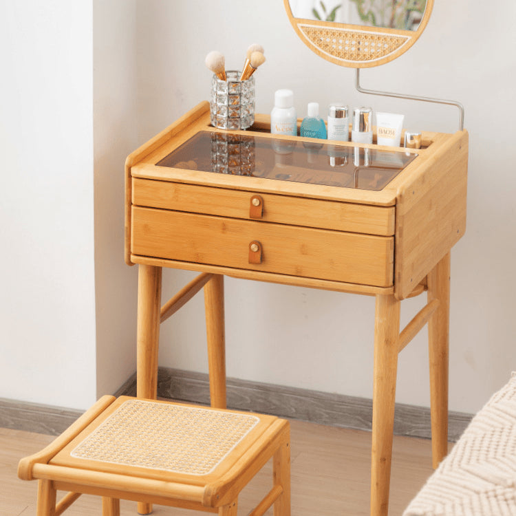 Elegant Natural Bamboo Makeup Vanity with Glass Top hsl-73