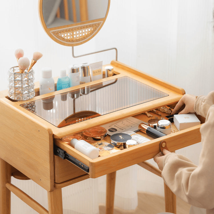 Elegant Natural Bamboo Makeup Vanity with Glass Top hsl-73