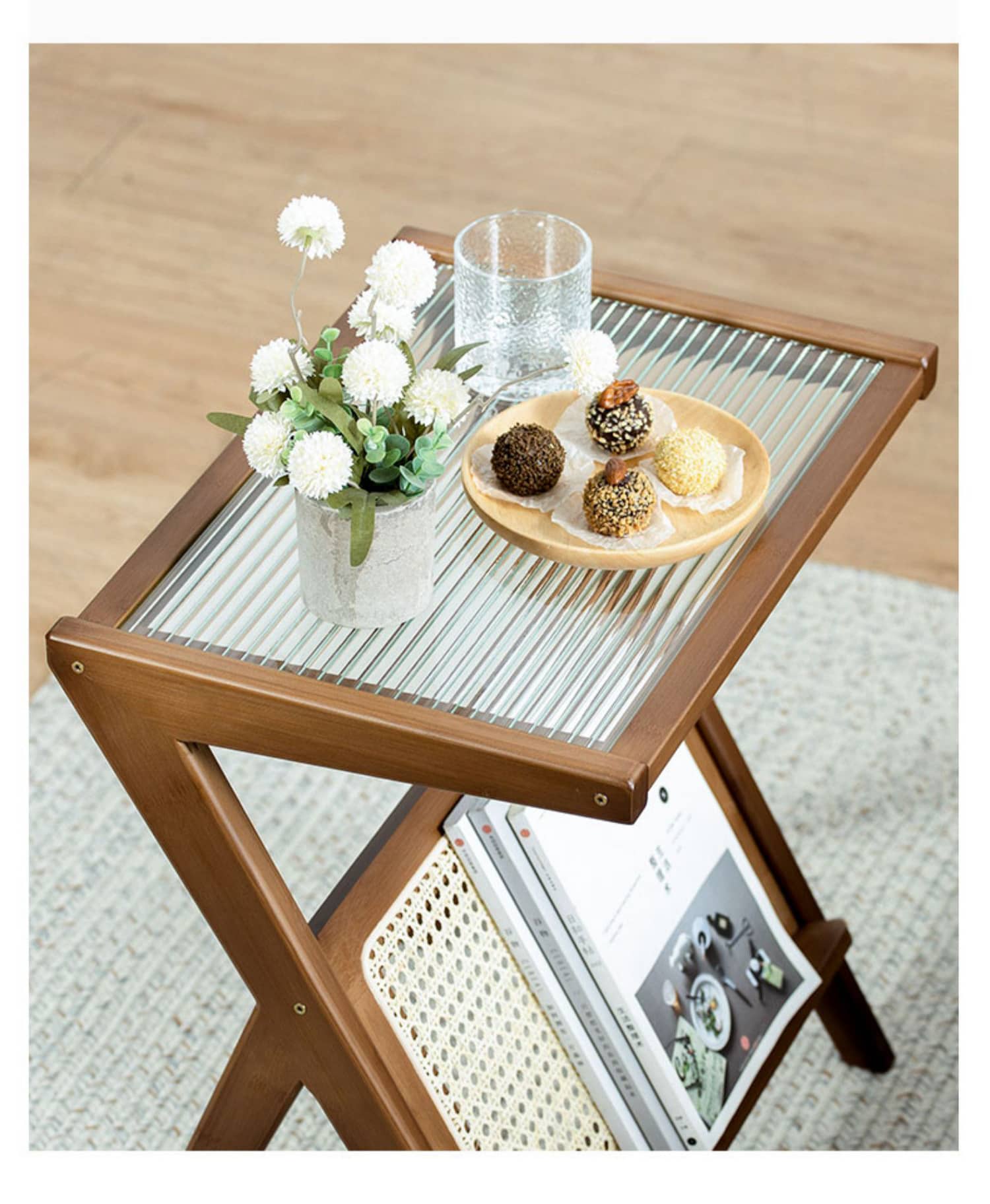 Elegant Natural Wood End Table with Reeded Glass – Brown, Grey & Dark Bamboo Styles hsl-76