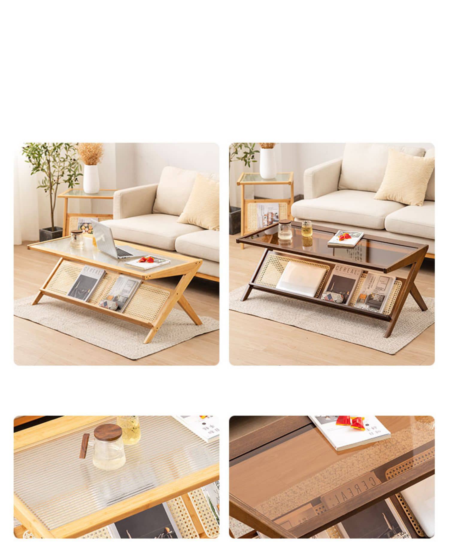 Stylish Bamboo Coffee Table in Rectangular with Glass Top - Durable ABS Resin Design hsl-79