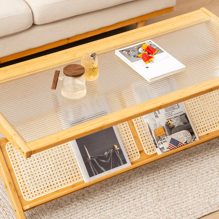 Stylish Bamboo Coffee Table in Rectangular with Glass Top - Durable ABS Resin Design hsl-79