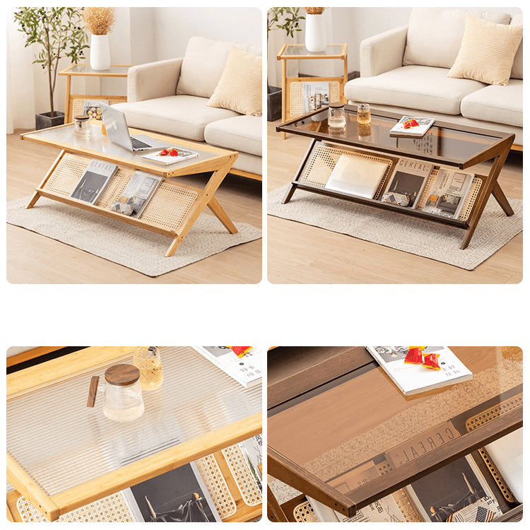 Stylish Bamboo Coffee Table in Rectangular with Glass Top - Durable ABS Resin Design hsl-79