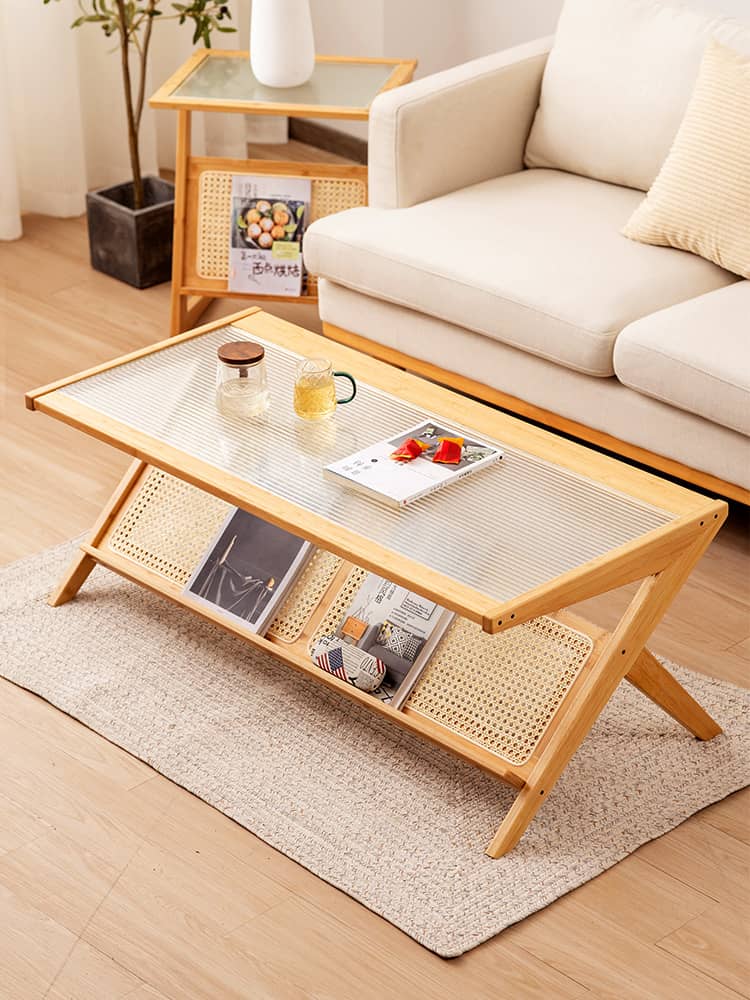 Stylish Bamboo Coffee Table in Rectangular with Glass Top - Durable ABS Resin Design hsl-79