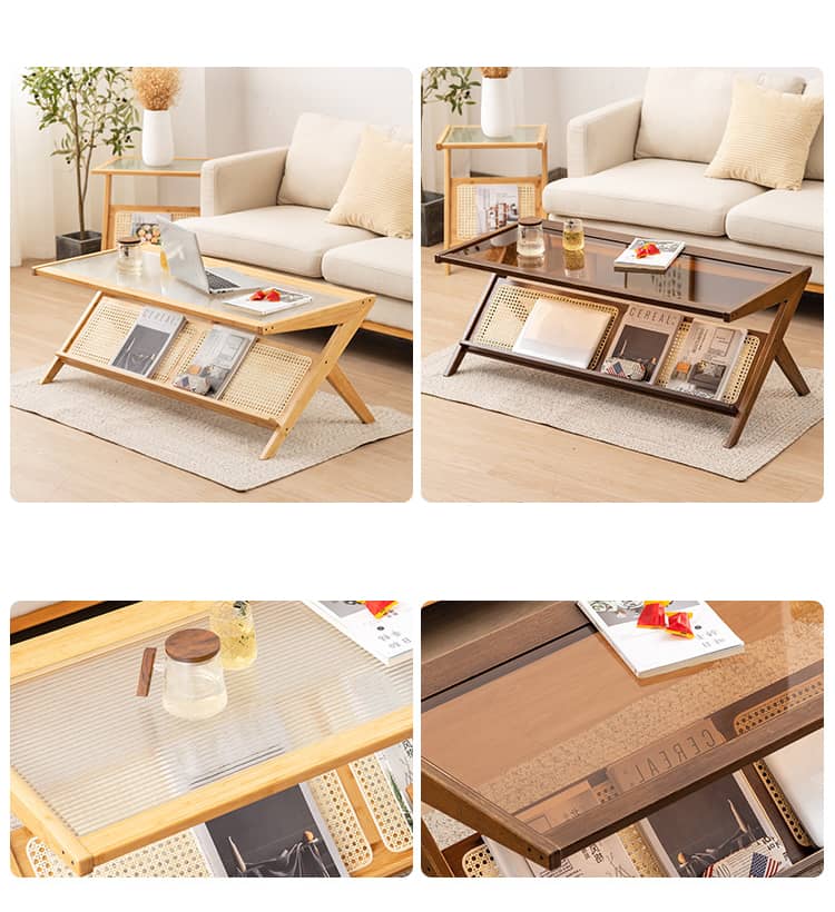 Stylish Bamboo Coffee Table in Rectangular with Glass Top - Durable ABS Resin Design hsl-79