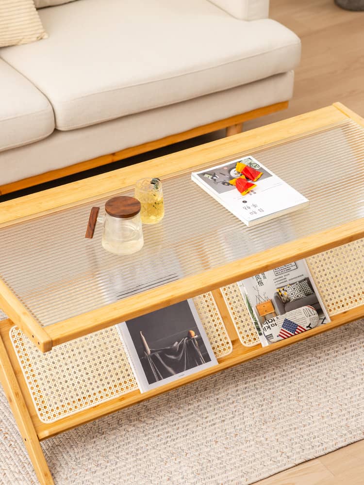 Stylish Bamboo Coffee Table in Rectangular with Glass Top - Durable ABS Resin Design hsl-79