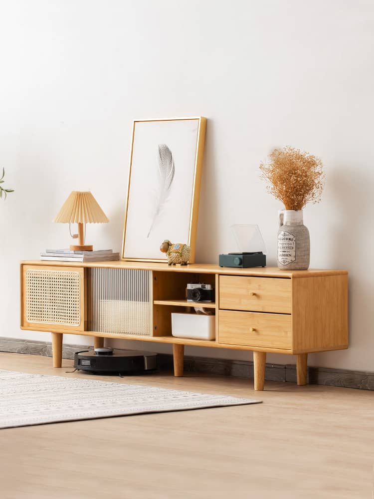 Stylish Natural Wood TV Cabinet with Bamboo Shelves, Durable ABS Resin, and Glass Doors hsl-80