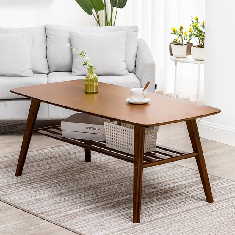 Modern Rectangular Bamboo Coffee Table Two-Tier for Storage in Natural Wood Color - Perfect for Your Living Room hsl-81