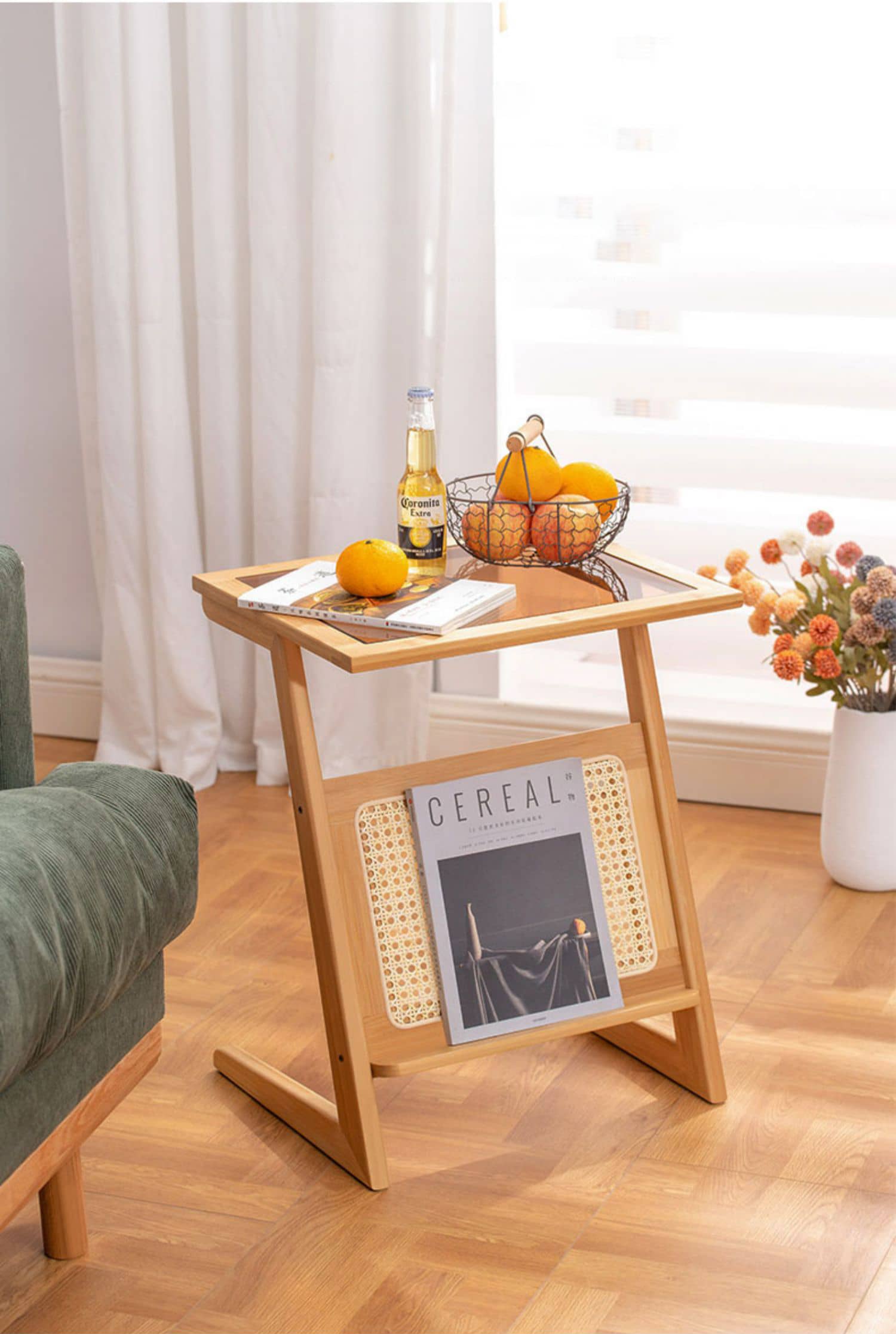 Stunning Natural Wood End Table  with Intricate Bamboo and Rattan Weaving - Reeded Glass Top in Elegant Brown Grey hsl-84