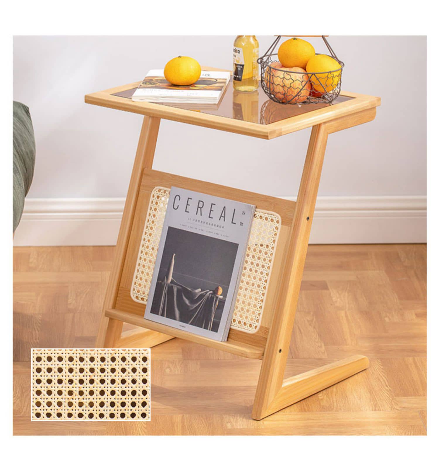 Stunning Natural Wood End Table  with Intricate Bamboo and Rattan Weaving - Reeded Glass Top in Elegant Brown Grey hsl-84