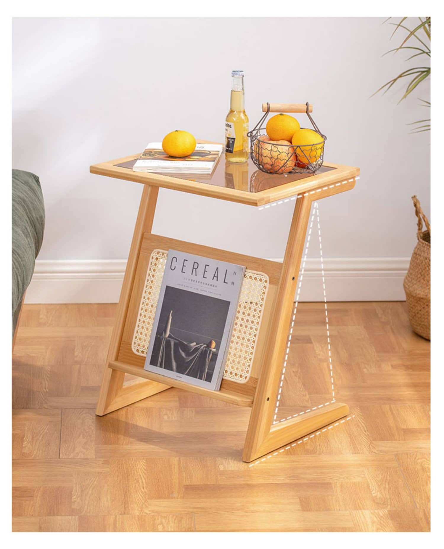 Stunning Natural Wood End Table  with Intricate Bamboo and Rattan Weaving - Reeded Glass Top in Elegant Brown Grey hsl-84