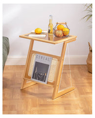 Stunning Natural Wood End Table  with Intricate Bamboo and Rattan Weaving - Reeded Glass Top in Elegant Brown Grey hsl-84