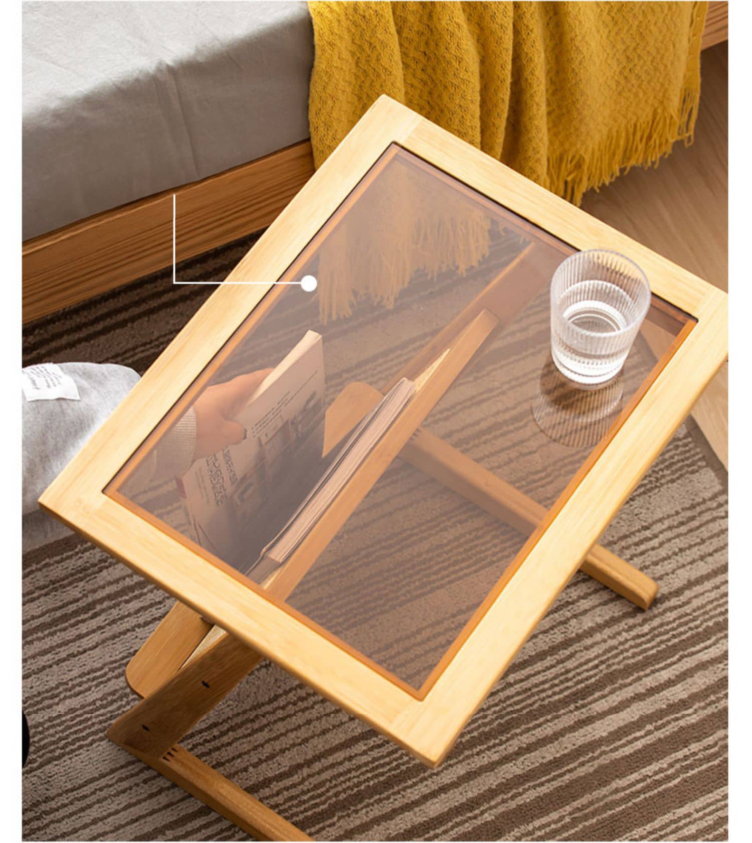 Stunning Natural Wood End Table  with Intricate Bamboo and Rattan Weaving - Reeded Glass Top in Elegant Brown Grey hsl-84